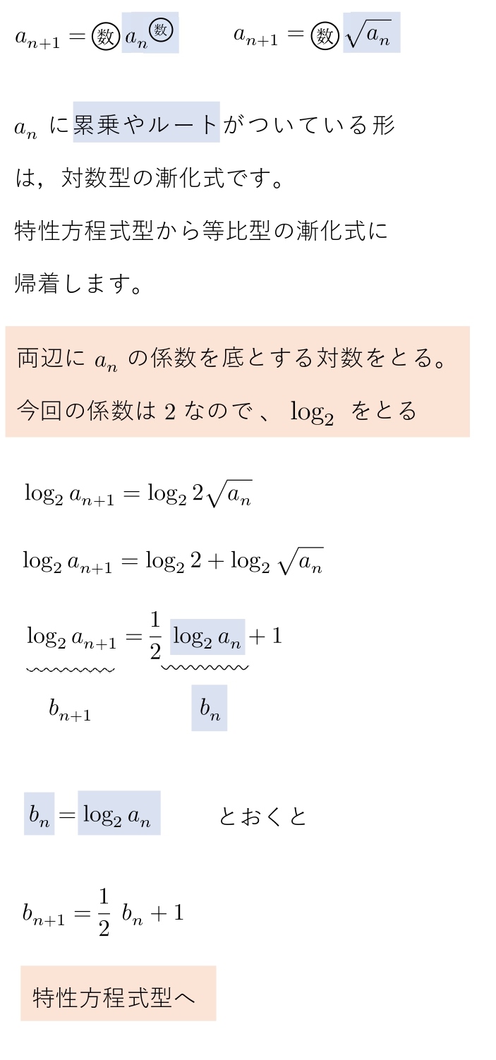 漸化式　解き方　対数型