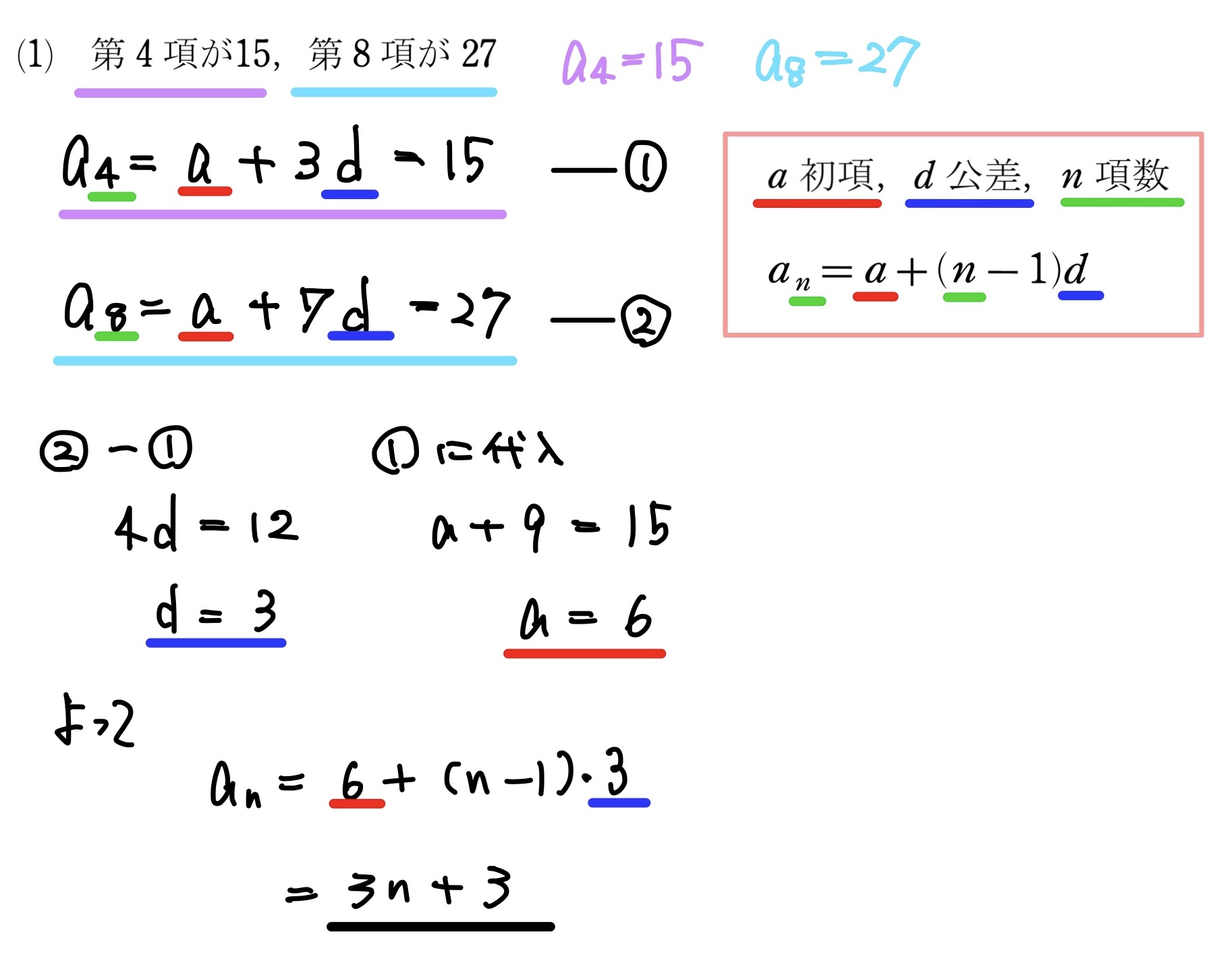 等差数列の一般項3/4　解答１