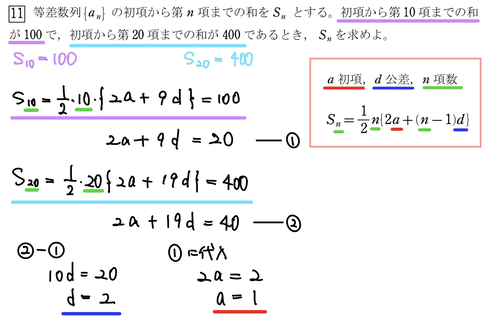 等差数列の第10項、第20項までの和から第n項までの和 解説1